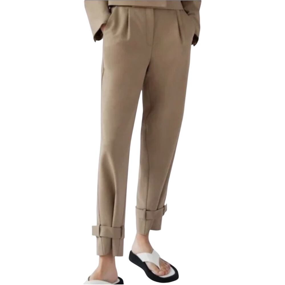 Aritzia Babaton Lalonde Trouser Pants Carrot Wool Pleated Strap Hem Taupe Tan 6